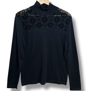 August Silk Heritage Women’s L Black Mock Neck Sweater Velvet Burnout Sheer Yoke